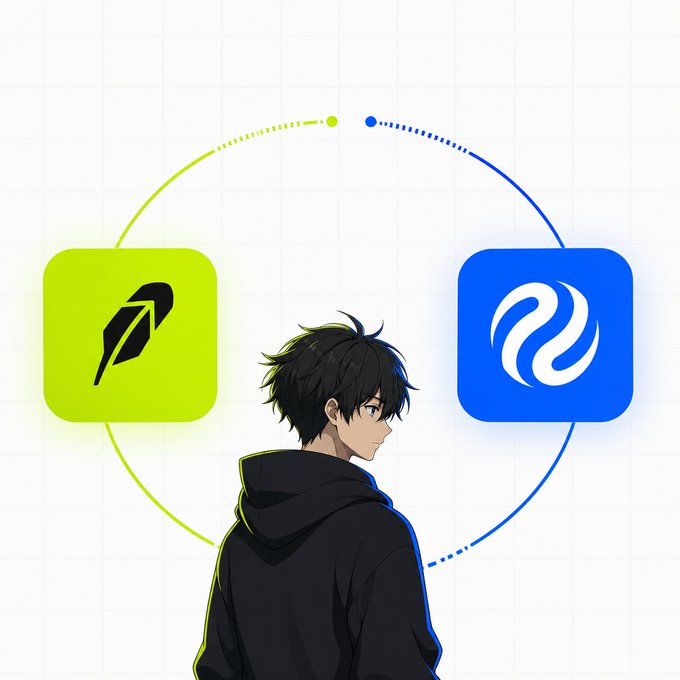 An anime-style illustration of a young man with dark hair in a hoodie standing between the Robinhood (green) and Injective (blue) app icons, connected by a dotted circular line.