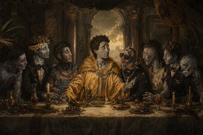 A dark, atmospheric parody of 'The Last Supper' painting depicts ghoulish, zombie-like figures with decaying skin seated at a long banquet table adorned with candles, fruit, and goblets.