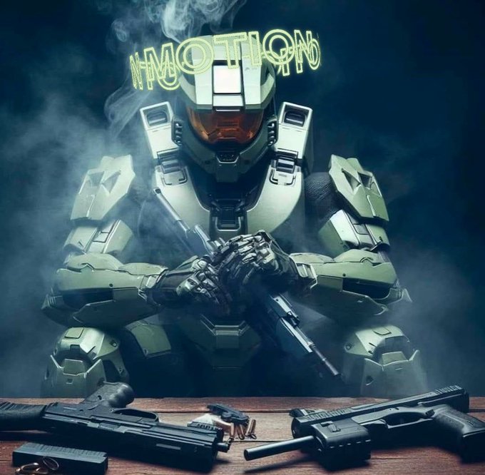 A stylized image of the Master Chief character from the Halo video game series in green armor, holding a weapon with smoke around him and firearms laid out on a table in the foreground.