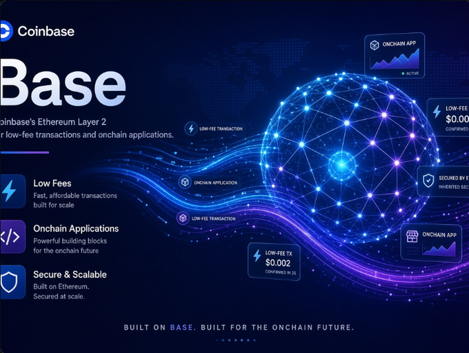A promotional graphic for Coinbase's Base blockchain displays its tagline "BUILT ON BASE. BUILT FOR THE ONCHAIN FUTURE." alongside key features like low-fee transactions ($0.00 confirmed, $0.002 confirmed in 15s), onchain applications, and secure scalability—visually reinforcing the post's message that Base has evolved beyond being just a low-cost Ethereum L2 into a practical home for real onchain applications.