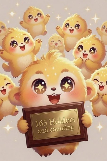 A cute illustration of multiple cartoon yellow creatures with sparkly eyes, where the central one holds a gold plaque reading '165 Holders and counting'.