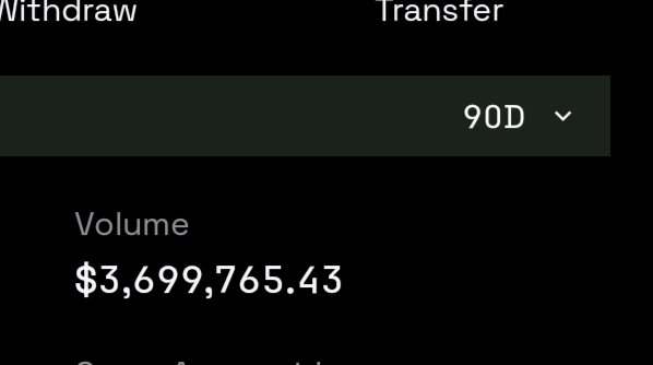 Dark app interface showing 'Withdraw' and 'Transfer' tabs with a 90D dropdown and a Volume of '$3,699,765.43'.