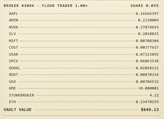 A brokerage account receipt showing various stock holdings and share percentages for AAPL, AMZN, NVDA, SLV, MSFT, COST, USAR, SPCX, GOOGL, RDDT, USO, GME, STONKBROKER, and ETH, with a vault value of $649.13.