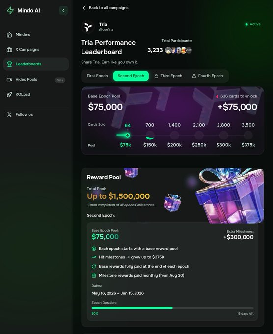 A black screen displays a user profile of someone named @useTria. The screen also shows some recent updates about the network, including $2.25 Million in US dollars and cashback distributed directly to users. Another update shows that @useTria is evolving into a complete financial ecosystem where followers can access these features through their accounts.