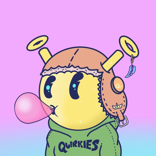 A cute cartoon character called 'Quirkies' - a yellow creature with an orange hat featuring halos, blowing a pink bubblegum bubble against a pink gradient background.