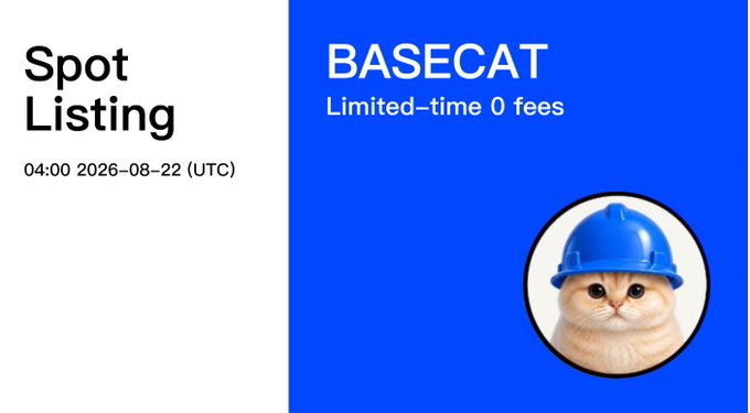 A promotional graphic for 'BASECAT' announcing 'Spot Listing' at '04:00 2026-08-22 (UTC)' with a 'Limited-time 0 fees' offer, featuring an image of a cat wearing a blue hard hat.