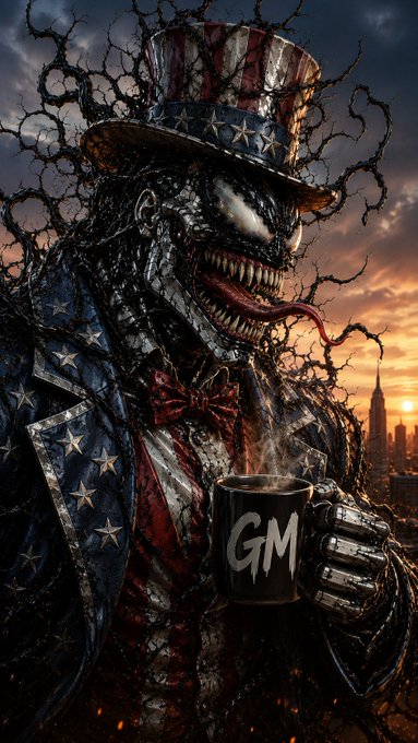 A dark, menacing Venom-style character dressed in an Uncle Sam outfit with stars and stripes top hat and jacket, holding a black mug labeled 'GM' against a city skyline at sunset.