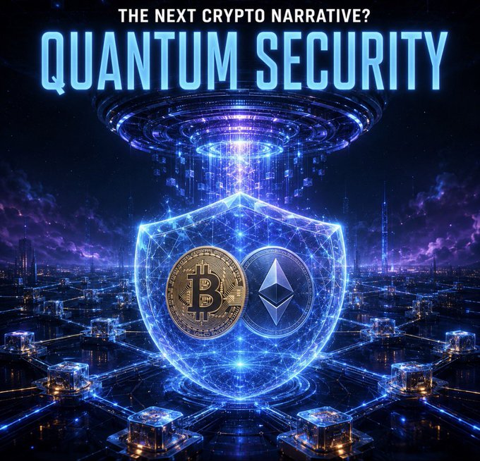 A glowing quantum shield protects Bitcoin and Ethereum logos beneath the headline "THE NEXT CRYPTO NARRATIVE? QUANTUM SECURITY," visually representing the need for post-quantum cryptography to safeguard major cryptocurrencies from future quantum computing threats.