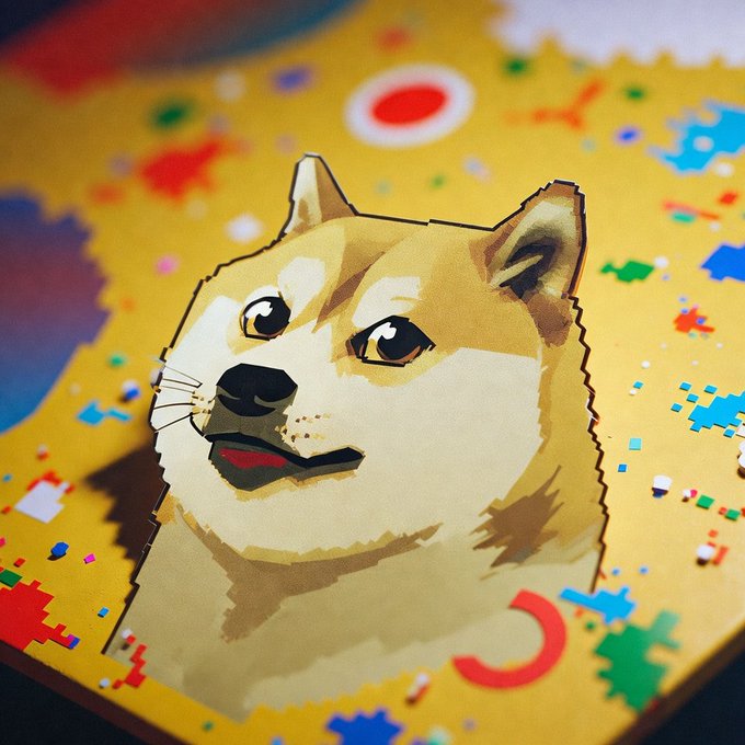 The image features a cartoon dog with a brown color, looking at the camera with an expression of confusion or surprise. The background consists of various colors and shapes, creating a vibrant and lively atmosphere. The caption "Doge #Dogecoin" is present in the image, which might be related to the post about Doge coins that was shared on social media.