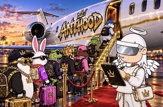 A cartoon illustration shows anthropomorphic animals boarding a private jet labeled 'ANTHOOD', with luxury luggage and a red carpet.