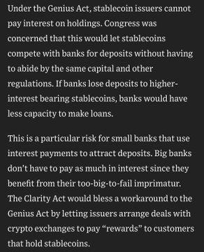 The image shows a text excerpt explaining the Genius Act, which prohibits stablecoin issuers from paying interest on holdings, and contrasts it with the proposed Clarity Act, which would allow issuers to offer "rewards" to stablecoin holders—a workaround critics argue undermines the original regulation's intent to protect banks from losing deposits to higher-yielding stablecoins.
