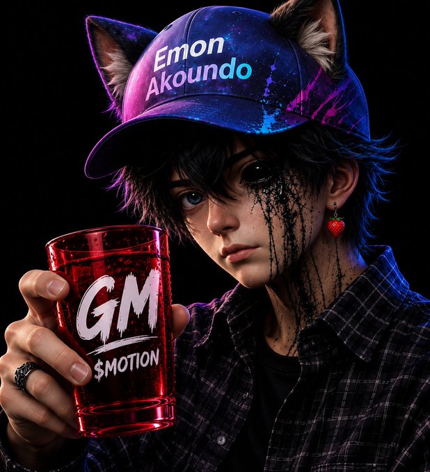 A stylized anime-style portrait shows a character with cat ears wearing a purple cap reading 'Emon Akoundo', holding a red glass with 'GM $MOTION' text, with a dark dripping effect on their face.