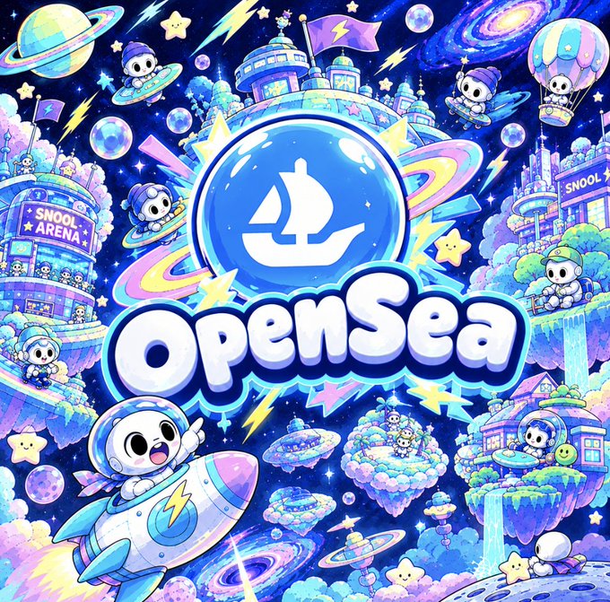 A vibrant, kawaii-style space-themed illustration featuring adorable ghost-like characters ("Snools") in spaceships and rockets among stars, planets, and castles, with the bold "OpenSea" logo and sailboat emblem centered, promoting the Snool collection launch on the OpenSea marketplace.