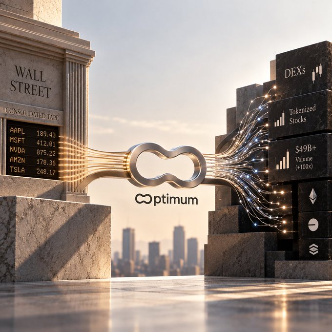 Artistic rendering showing a bridge between traditional 'Wall Street' (with a stock ticker showing AAPL, MSFT, NVDA, AMZN, TSLA) and on-chain 'DEXs' featuring 'Tokenized Stocks' and '$49B+ Volume (+100x),' branded with the Optimum logo.