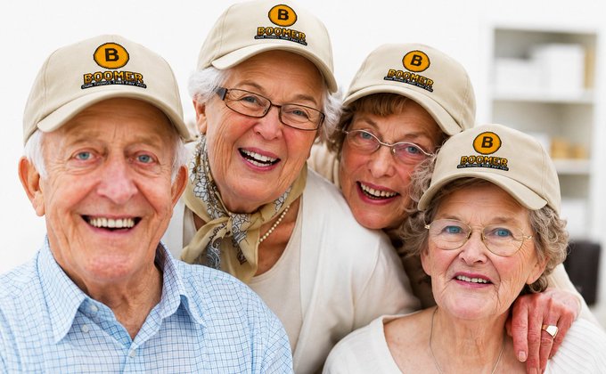 A stock photo shows four smiling elderly people (two men and two women) wearing matching khaki 'B BOOMER' branded baseball caps, leaning in close together.