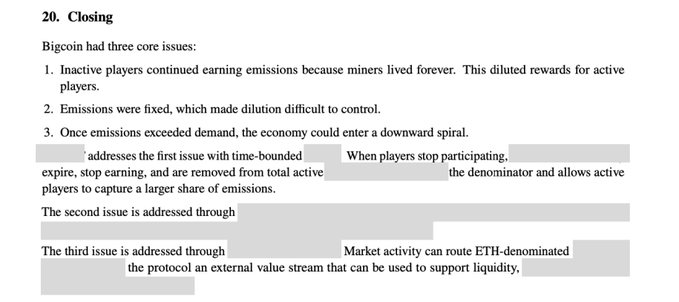 The image shows a fill-in-the-blank summary of Bigcoin's three core issues and solutions, addressing inactive players earning emissions, fixed emission problems, and downward spirals from oversupply. It relates to the post by outlining protocol improvements that benefit miners, LPs, and participants through time-bounded expiration, controlled emissions, and ETH-denominated liquidity support.