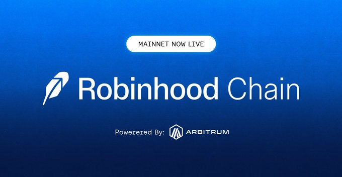 A promotional graphic announcing "MAINNET NOW LIVE" for the Robinhood Chain, powered by Arbitrum, aligning with the post's highlight of Robinhood's new Ethereum L2 network built on the Arbitrum stack and its revenue-sharing model for $ARB investors.