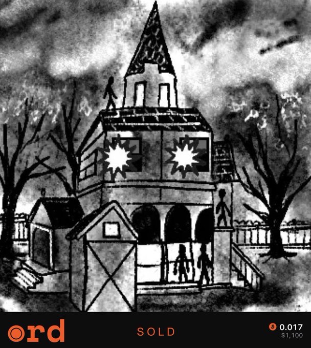 A black and white illustration of a haunted house with jagged windows, a pointed roof, and a stick figure on top, with text reading 'ord', 'SOLD', '0.017', and '$1,100' at the bottom.