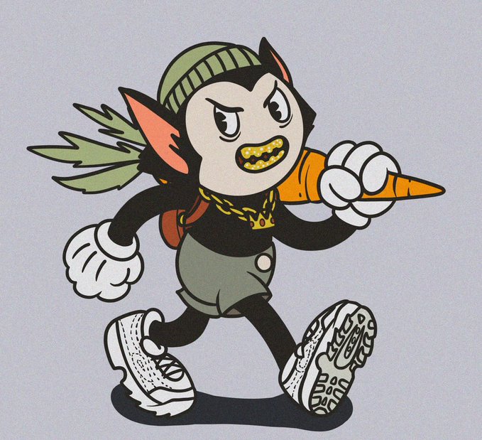 A cartoon illustration of a black and white cat-like character wearing a green beanie, gold chain, and sneakers, running while wielding a large orange carrot.