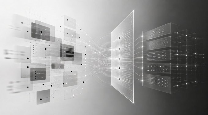 A stylized black-and-white digital illustration showing floating interface screens and data panels connected by glowing lines to server stacks, representing data processing or network architecture.