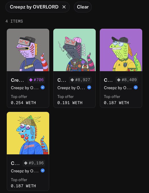 An NFT marketplace interface showing four 'Creepz by OVERLORD' NFTs (items #706, #8,927, #8,409, and #9,196) with top offers ranging from 0.187 to 0.254 WETH.