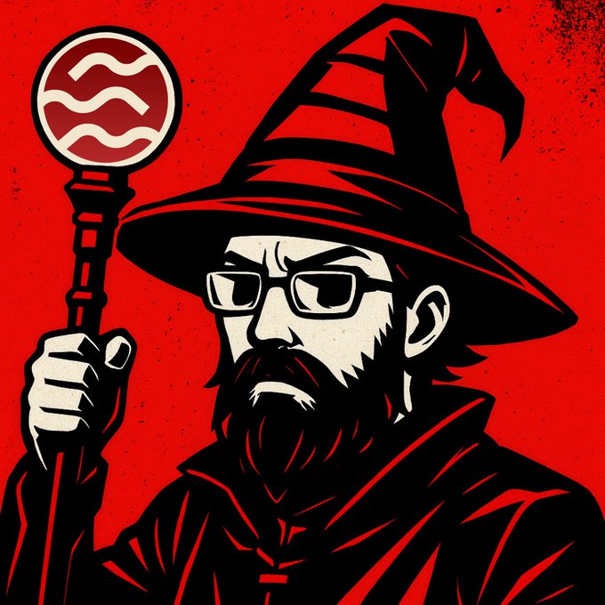 A stylized red and black illustration of a bearded wizard wearing glasses and a pointed hat, holding a staff topped with a wave symbol.