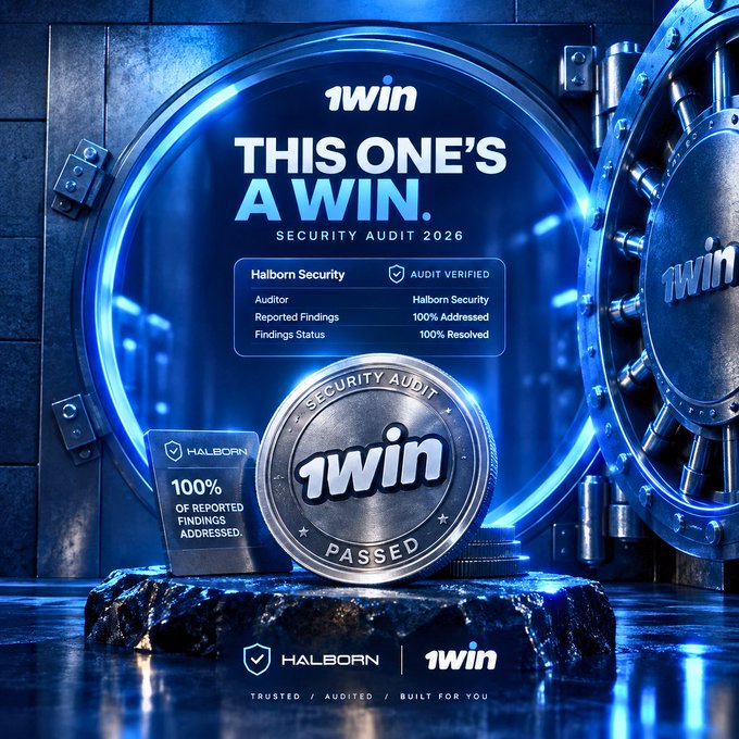 A promotional graphic for 1win's 2026 Security Audit by Halborn, featuring a vault door backdrop and a 'Security Audit Passed' coin, showing 100% of reported findings addressed.
