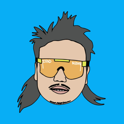 A cartoon illustration of a man with a mullet, mustache, and yellow sunglasses reading "LEND NUDES," set against a bright blue background. The image humorously supports the joke about $LARRY being a "bluechip" by visually emphasizing the blue color scheme, playing on the difference between LARRY and other Robinhood-themed green tickers.