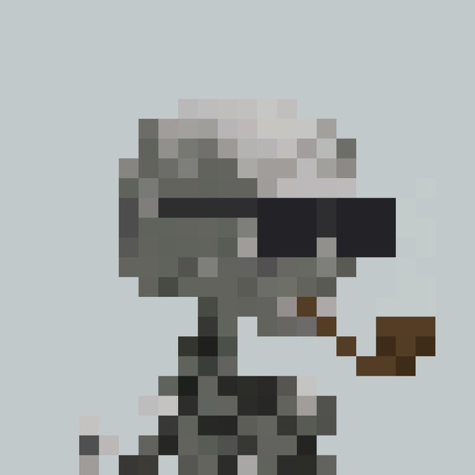 A pixel art illustration of a character wearing dark sunglasses and a white head covering, smoking a brown pipe against a light blue background.