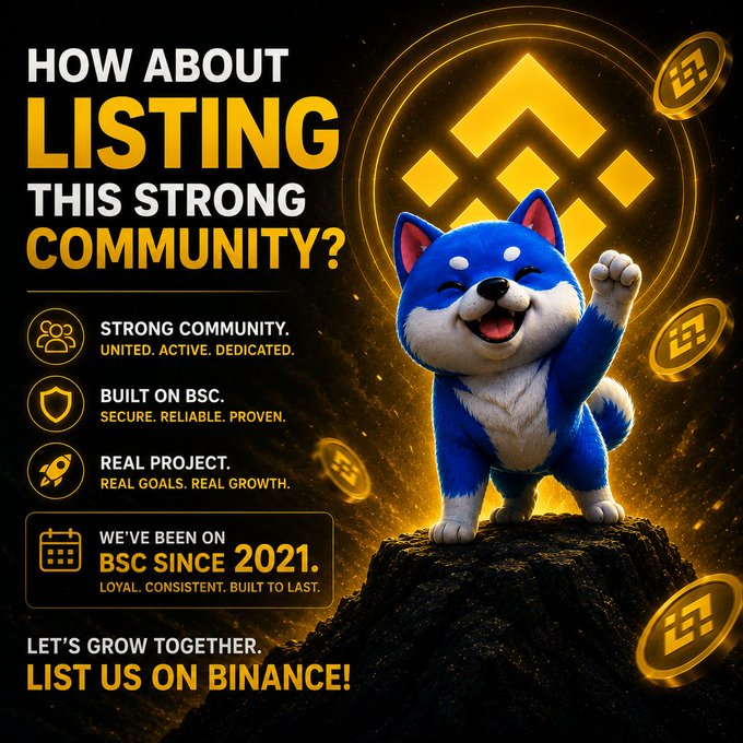 The image features a blue dog with its paw raised, surrounded by gold coins against a black background. The text above the dog reads "How about listing this strong community? Strong community, united active, dedicated, secure reliable proven real project real goals, real growth, real ROI". Below the dog, there is a list of the BSC community's features and benefits.