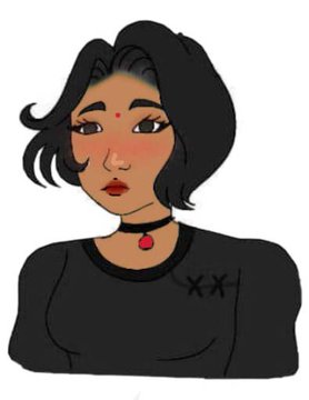 A cartoon-style illustration of a young woman with short black hair, a bindi on her forehead, wearing a black t-shirt with 'XX' on it and a red gem choker necklace.