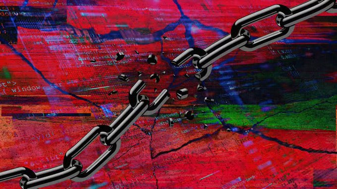 An abstract digital artwork featuring a metallic chain breaking through over a red and blue glitch-style background with code fragments.