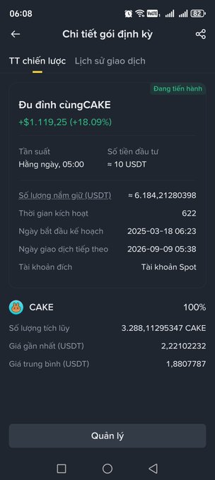 The image shows a Binance subscription plan details page titled "Chi tiết gói định kỳ" (Subscription Plan Details) in Vietnamese, displaying a DCA strategy for CAKE token with +18.09% gains ($1,119.25 profit) after 622 days of investing $10 USDT daily, perfectly illustrating the post's message about the power of consistent dollar-cost averaging on PancakeSwap's CAKE token despite volatile price fluctuations.