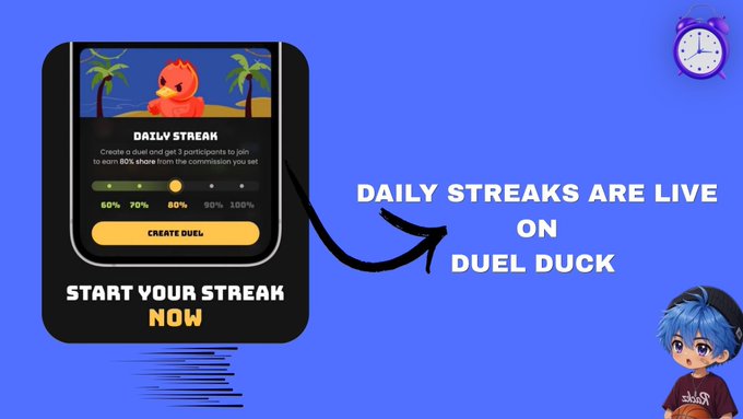 Promotional graphic on a blue background featuring a phone mockup displaying 'DAILY STREAM' and 'START YOUR STREAK NOW' with the text 'DAILY STREAKS ARE LIVE ON DUEL DUCK' and a cartoon character.