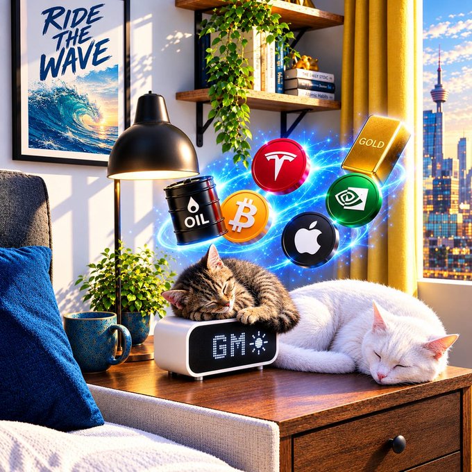 A tabby and white cat sleep peacefully on a wooden nightstand beside a glowing "GM" smart display, while a magical swirl of cryptocurrency and stock icons—including Bitcoin, Tesla, Apple, Oil, Nvidia, and Gold—floats above them. The cozy scene, complete with a "Ride the Wave" poster and city skyline view, perfectly captures the relaxed "gm, friday vibes, portfolio vibes" mood of a crypto investor winding down while keeping watch on their holdings.