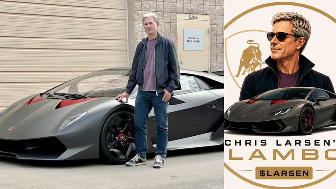 The image shows a side-by-side comparison of Chris Larsen standing next to his matte black Lamborghini Sesto Elemento (left) and a stylized graphic on the right featuring his portrait, the same supercar, and the text "CHRIS LARSEN'S LAMBOGHINI SLARSEN" — visually reinforcing the post's claim that the XRP co-founder recently purchased a new Lamborghini while highlighting the accompanying meme coin ticker "SLARSEN" and its contract address.