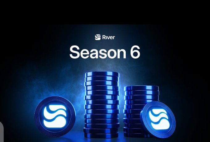 A promotional image for 'River' Season 6, showing blue glowing 'S' logo coins stacked in piles against a dark blue background.
