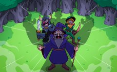 Pixel art fantasy illustration featuring a bearded wizard in purple robes holding a staff, accompanied by warriors and a small flying creature, set against a green forest backdrop.