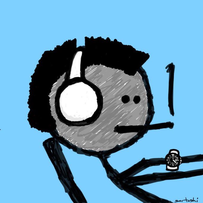 Digital drawing of a stick figure with curly black hair wearing headphones and a watch, smoking a cigarette against a blue background.