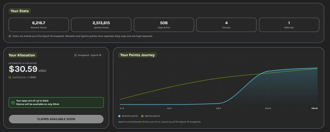 A screenshot of a dashboard titled 'Your Stats' showing 6,216.7 Network Points and 2,513,615 Uptime Points, with an 'Estimated Allocation' of $30.59 USDC and a 'Points Journey' graph.