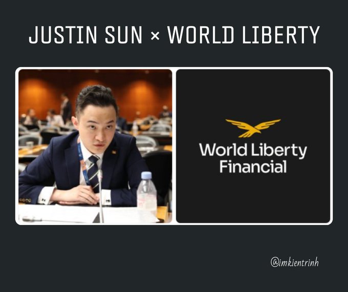 The image displays a graphic titled "JUSTIN SUN × WORLD LIBERTY," featuring a photo of Justin Sun in a suit seated at a conference table on the left, and the "World Liberty Financial" logo with a golden eagle emblem on the right, visually representing the legal dispute referenced in the post about Sun's courtroom advantage against the Trump-backed DeFi project.