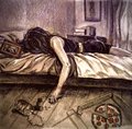 A classical painting depicting a nude figure lying face-down on a bed in a dimly lit room.