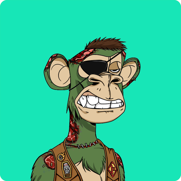 An illustration of a green, ape-like cartoon character with stitched skin, wearing an eyepatch and a vest with patches.