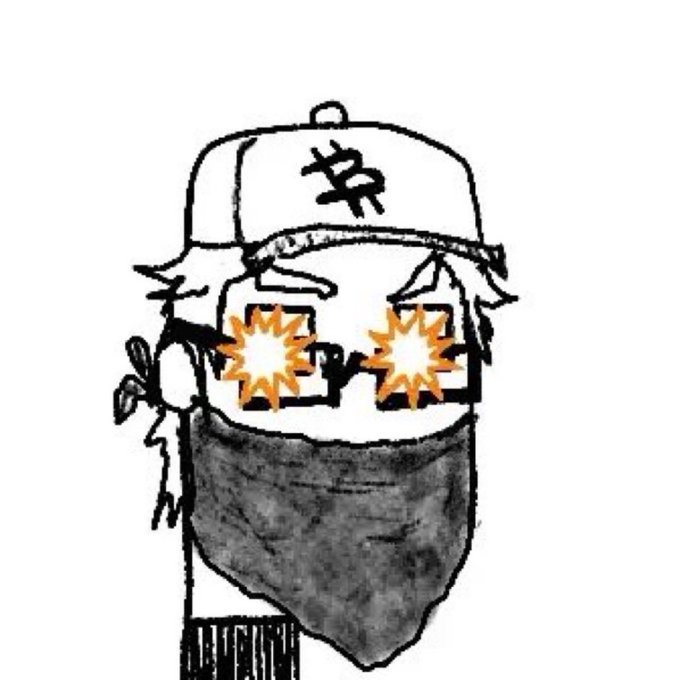 A sketched cartoon character wearing a cap with 'NY' logo, star-shaped glasses, and a bandana covering the face.
