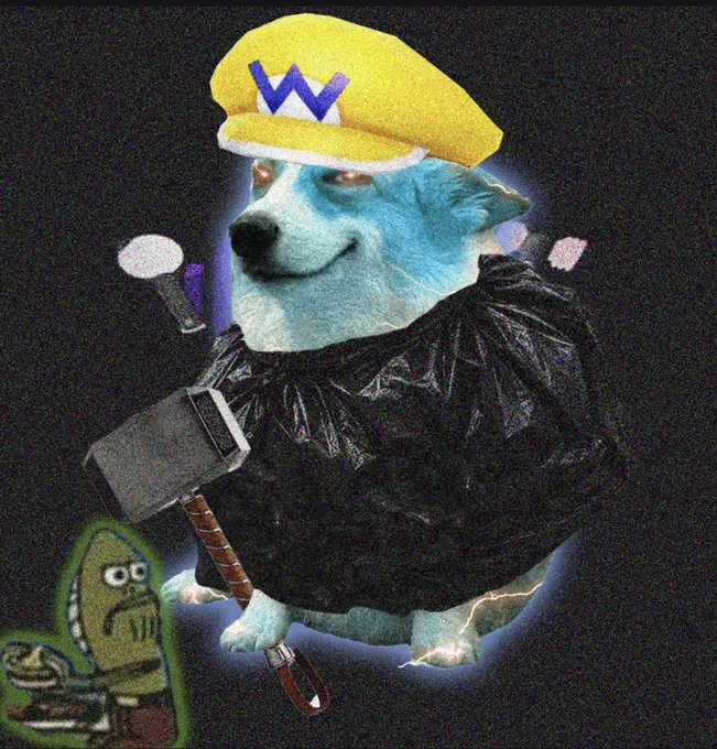 An edited image of a Shiba Inu dog wearing a yellow Wario cap, holding a large axe in a black cape against a dark background.