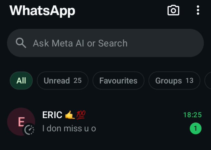 A WhatsApp chat screen showing 25 unread messages in the "Unread" tab, with the most recent message from "ERIC" reading "I don miss u o" at 18:25, alongside the post expressing surprise at someone reaching out.