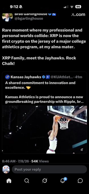 A screenshot of a tweet from Brad Garlinghouse (@bgarlinghouse) about XRP becoming the first crypto on the jersey of a major college athletics program at his alma mater, featuring a quoted post from Kansas Jayhawks (@KUAthletics) announcing a groundbreaking partnership with Ripple.