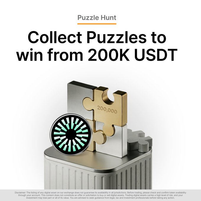 A promotional graphic for a "Puzzle Hunt" campaign featuring a gold puzzle piece marked "200,000" alongside a circular token-like graphic, with bold text reading "Collect Puzzles to win from 200K USDT" to advertise the $MNT Evergreen Puzzle Hunt on Bybit where users complete missions to unlock prize pool shares.