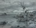 A dark, atmospheric fantasy painting shows a solitary figure standing on rocky terrain near a body of water, facing a large, shadowy entity with antler-like branches.