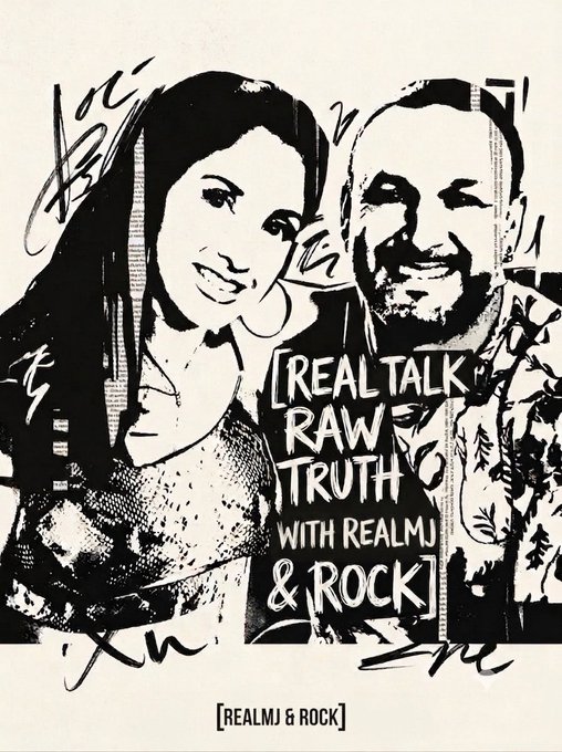 A black and white illustrated podcast cover for "[REAL TALK RAW TRUTH] WITH REALMJ & ROCK," featuring stylized portraits of a man and a woman with handwritten signatures scattered across the image.